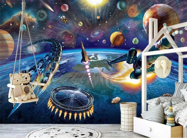 Custom Mural Wallpaper Modern Hand Painted Cartoon Space Spaceship Children Room Bedroom Wall Decoration Wallpaper For Kids Room Pc Widescreen