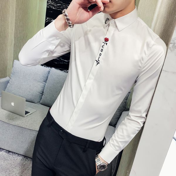 

men shirt brand new slim fit embroidery tuxedo men dress shirts long sleeve casual gentlemen prom shirts male 3xl, White;black