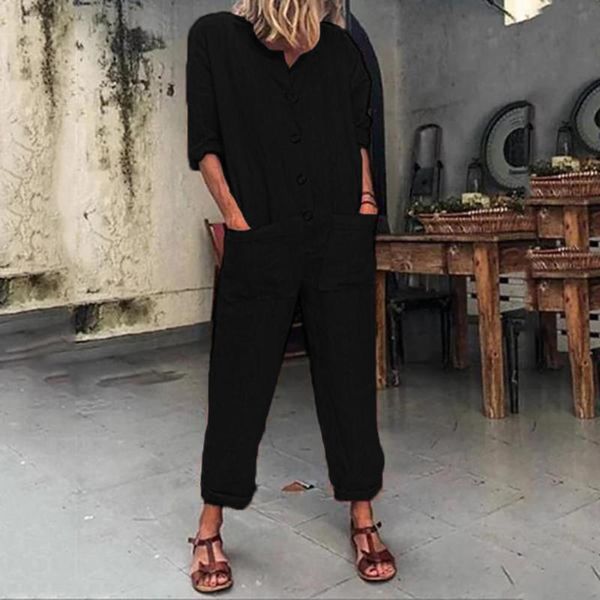 

women jumpsuit plus size leisure pockets button cotton and linen simplicity flax long sleeveless loose rompers jumpsuit#g1, Black;white