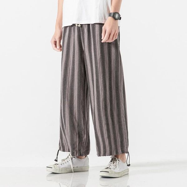 

chinese traditional wushu pants loose clothing for men male striped elastic waist oriental style cargo pants trousers, Black