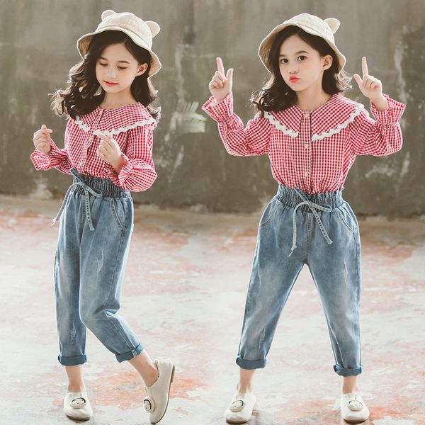 

kid clothes 2019 korean style children girls clothing sets boutique outfits teen fall autumn shirt + jeans 2 to 13 years, White