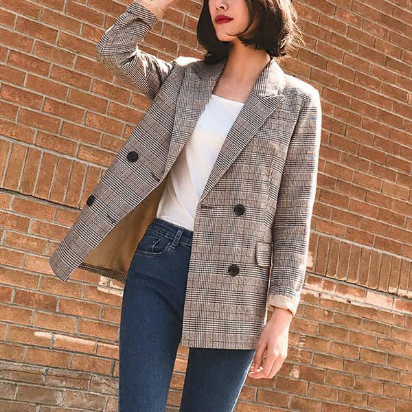 

vintage bouble blazer breasted plaid women spring pockets jackets female suits coat regular work feminino outerwear high quality, White;black