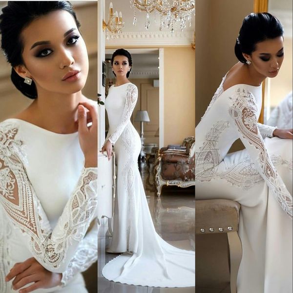 

new charming mermaid wedding dresses illusion jewel neck satin lace appliques beads long sleeves zipper back court train wedding gowns, White