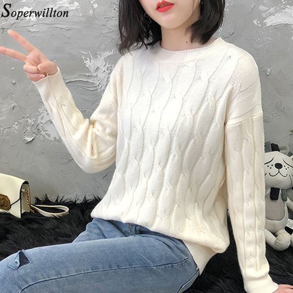 

women sweaters long sleeve twist knitted pullovers female 2019 autumn winter o neck ribbed short warm mujer pull femme white c72, White;black
