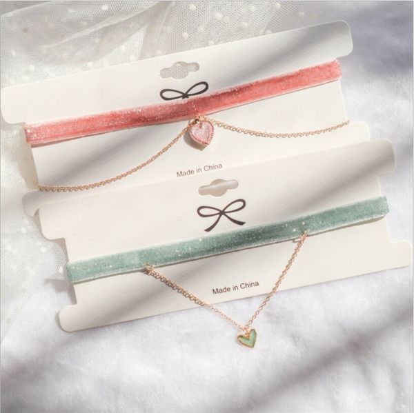 

shiny velvet neck chain necklaces heart shape pendant candy color choker short clavicle necklace for female sweet design, Golden;silver