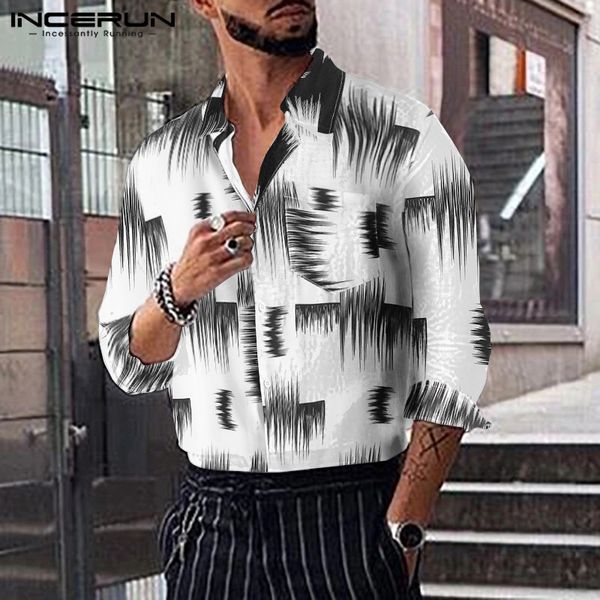 

incerun korean fashion men printed shirt lapel button long sleeve shirts mens casual joker trend high street blouse masculina, White;black