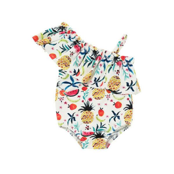 

one piece toddler kid baby girl floral swimwear fruits one shoulder swimsuit bathing dress beachwear, White