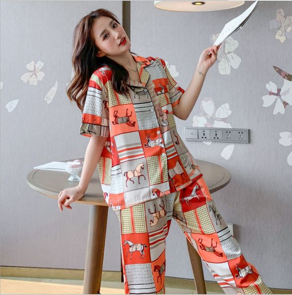 

new 2020 animal print luxury and fashion design full sleeve women's sleepwear 100%silk -2xl size pajama set ing, Black;red