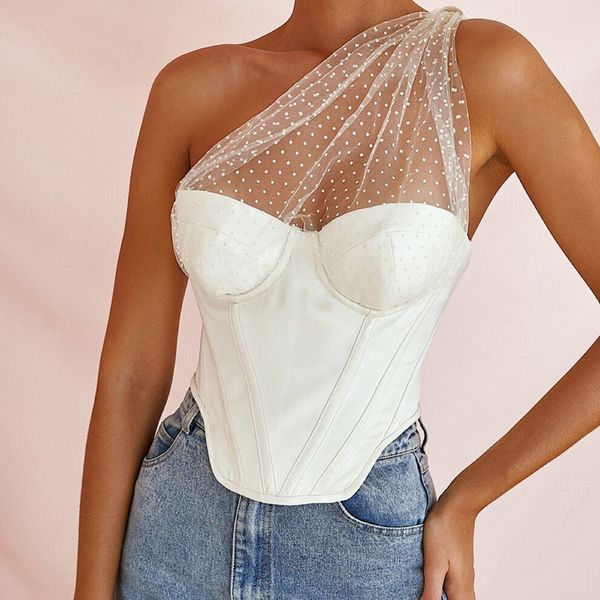 

deat 2020 spring summer white mesh polka dot one shoulder sleeveless white short t shirt women mh943