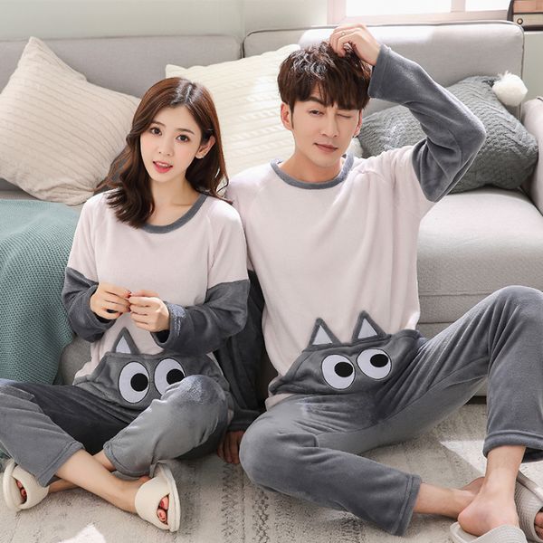 

2019 new young lovers pajamas warm flannel women long-sleeved autumn winter pyjama loose men couple set sleepwear pants, Black;red