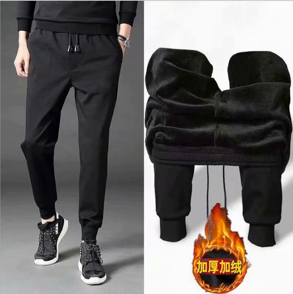 

pants men's autumn and winter plus velvet jogger pants casual harlan skinny men's trousers thick athletic, Black