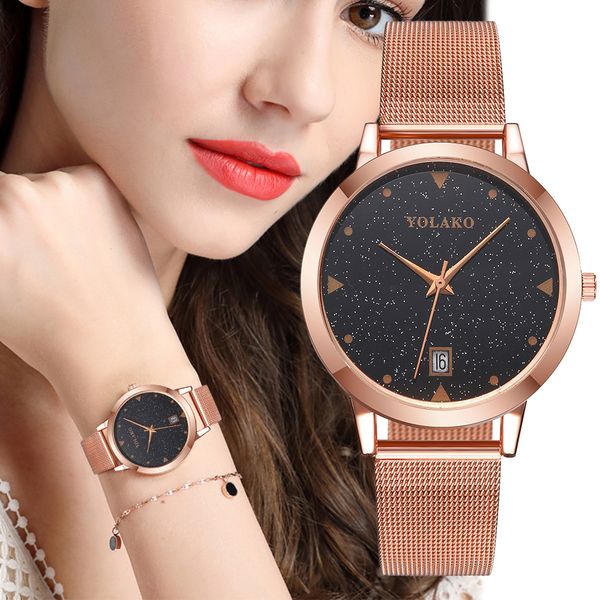 

selling sleek minimalist calendar stainless steel mesh belt ladies quartz watch drop shopping senhoras assistir wd3, Slivery;brown