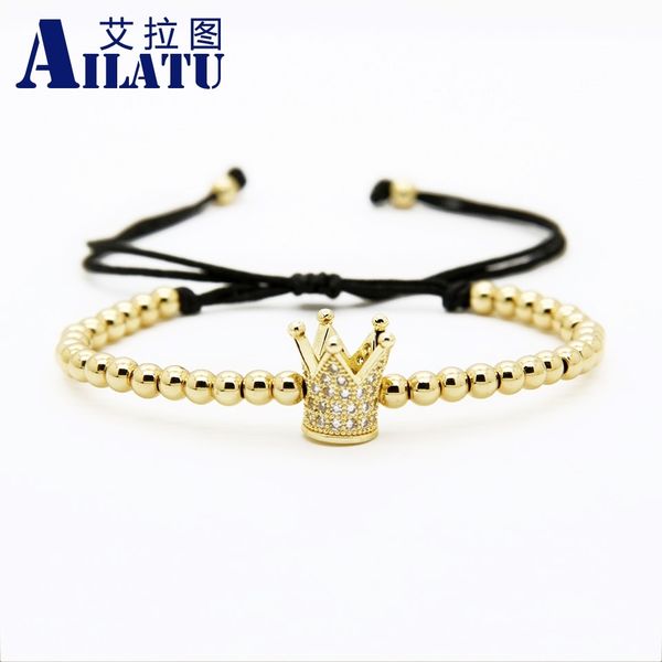 

ailatu brand men bracelets clear cz crown woven bracelet wholesale 10pcs/lot 4mm stainless steel beads jewelry, Golden;silver