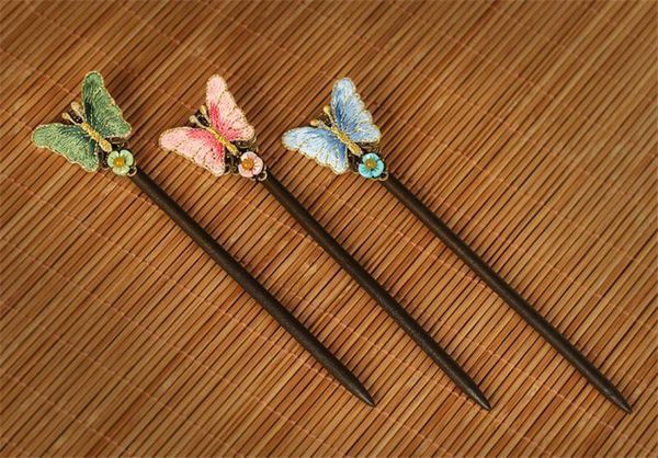 

famous brand embroidered butterfly hair stick jewelry national jewelry china hairpin color hair decoration bridal accessories, Golden;white