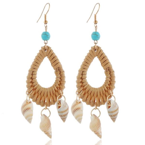 

bohemia exaggerated hand rattan braided geometric conch shell earrings fashion drop earrings dress studs jewelry ing, Golden