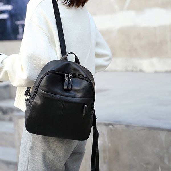 

25#women simple three zipper solid black pu waterproof back solid color versatile leather backpack large capacity travel bag