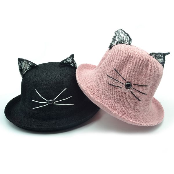 

cartoon lace cat ear bucket hats women outdoor sunhat fashion cat ears curling brim animal cap beach fishing hat, Blue;gray