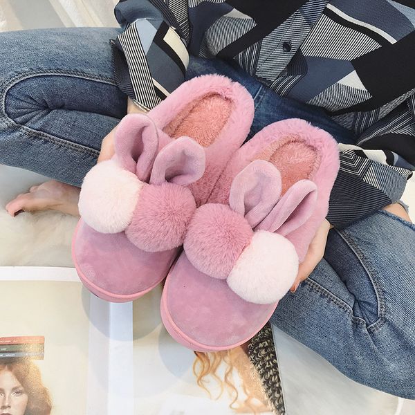 

woman cotton winter slipper lovely fabric keep warm indoor non-slip flat shoe ears fur home slippers, Black