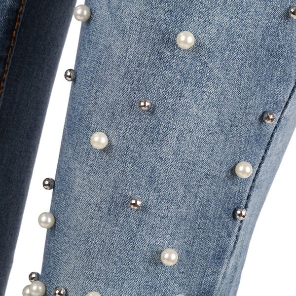 

knee hole torn jeans women stretch denim pencil casual slim fit rivet pearl jeans summer long pants low waist cowboy rk, Blue