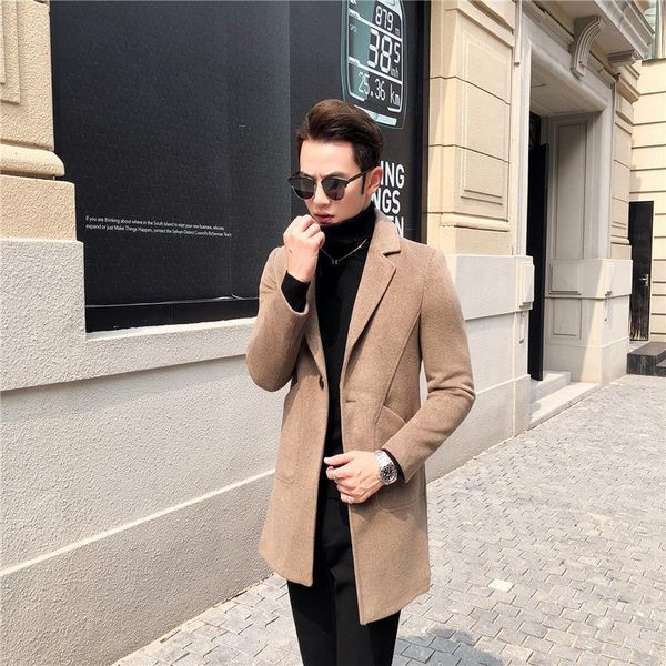 

2019 autumn winter men casual coat thicken woolen trench coat business male solid classic overcoat medium long jackets, Black