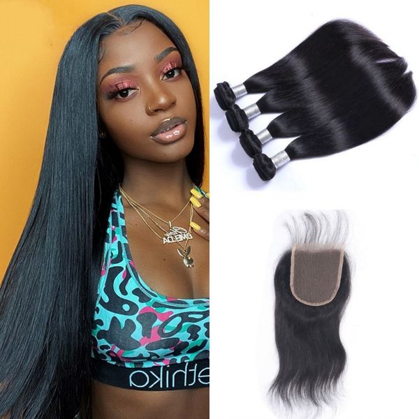 

human hair bundles with closure unprocessed indian hair weave 4 bundles with closure straight hair extensions, Black;brown