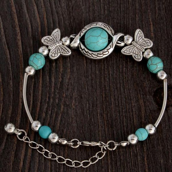 

new arrivial silver color natural stone bracelets bangles inlay butterfly bead nation bohemian bracelets for women fine jewelry, Black