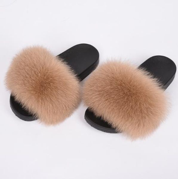 

2018 new lady real fox fur slippers women fashion sliders spring summer autumn fur slides indoor outdoor flat a04, Black