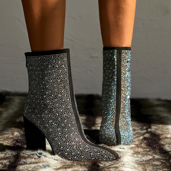 

new ankle boots women autumn winter high heels pointed toe boots bling crystal black ladies shoes