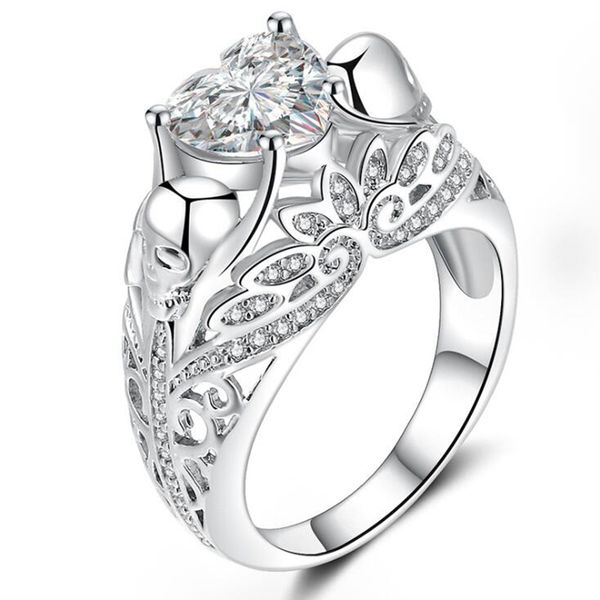 

new fashion heart crystal skull rings plating silver promise rings women's birthday party valentine's day jewelry gift size 6-10