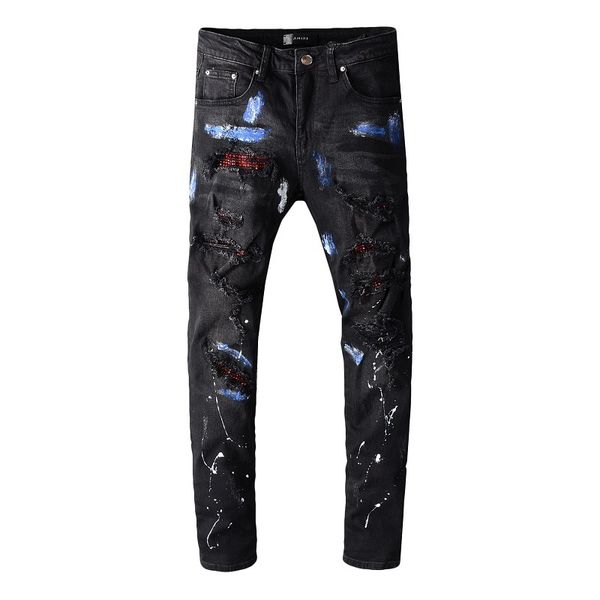 

new mens designer jeans black splash ink slim fashion brand hole rhinestone stitching washed denim pants ripped distressed slim pencil pants, Blue