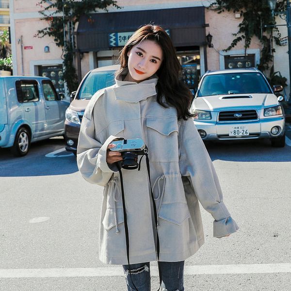 

women's trench coats coat spring and autumn 2021 student stand-up collar is a stylish wild loose short tooling jacket w aist, Tan;black