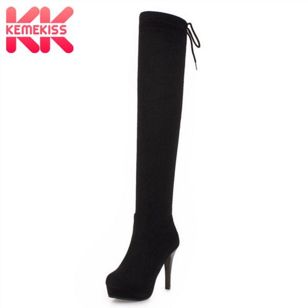 

kemekiss winter over the knee boots women new fashion strap platform shoes women thin heeled stretch footwear size 33-43, Black