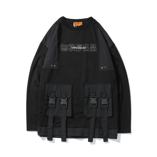 

2020 harajuku pullover sweatshirt men hip hop streetwear chinese kanji print multi pockets hoodie pullover cotton hiphop loose, Black
