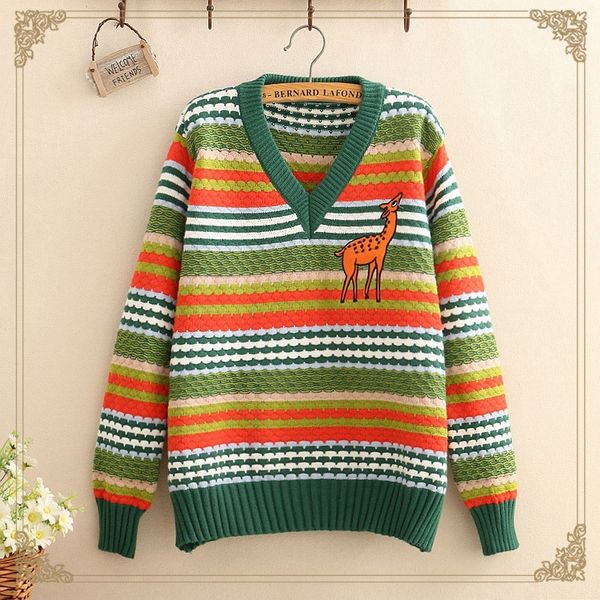 

women's sweaters autumn and winter sweater color matching striped deer embroidery long-sleeved casual women 2021, White;black