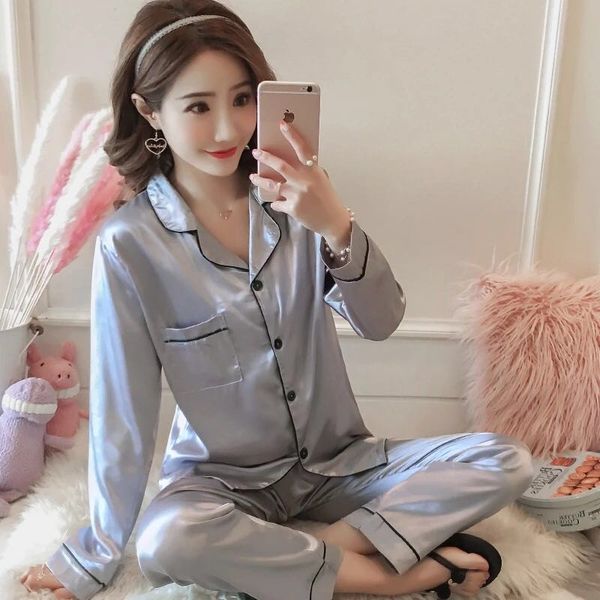 

2019 women solid v-neck sleepwear summer long sleeve pajamas set silk satin button-down nightwear pijama, Blue;gray