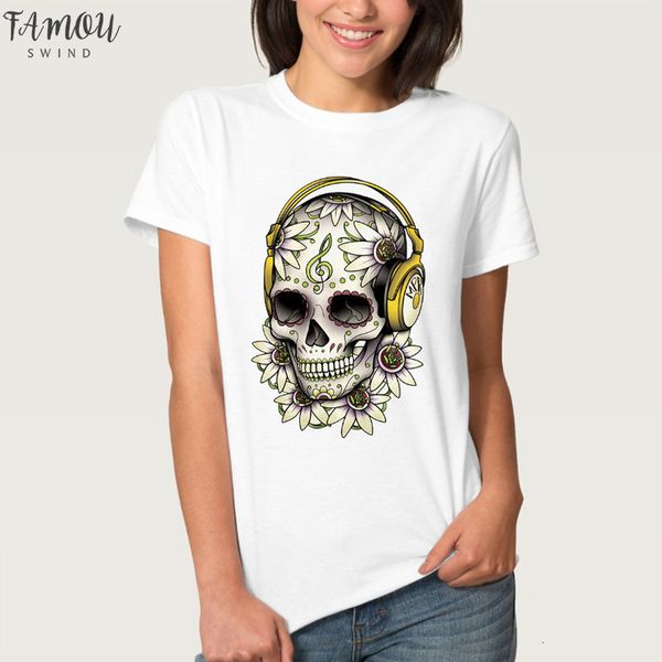 

rose skull print t shirt women short sleeve o neck loose tshirt 2020 summer fashion women tee shirt, White