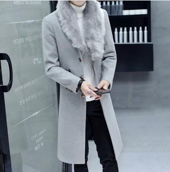 

2019 new men's fur collar coat large young korean autumn winter tide coat male men's knee-length trench, Black