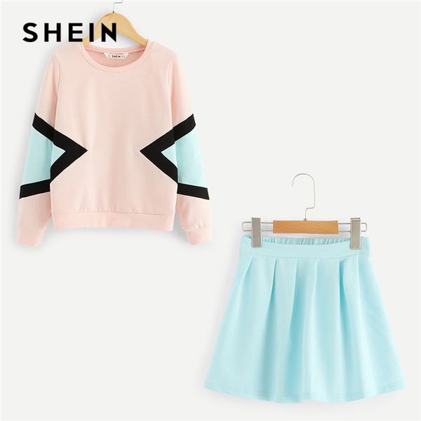 

baby clothes sets 2020 kiddie color block sweatshirt and flared skirt girls set summer long sleeve elastic waist skirt, White