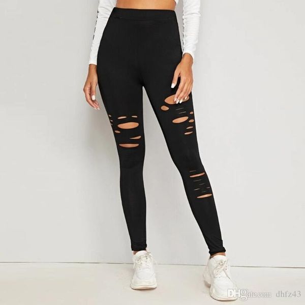

womens hole plus size solid color leggings trousers high waist pencil pants ripped skinny womens trousers sports pants leggings, Black