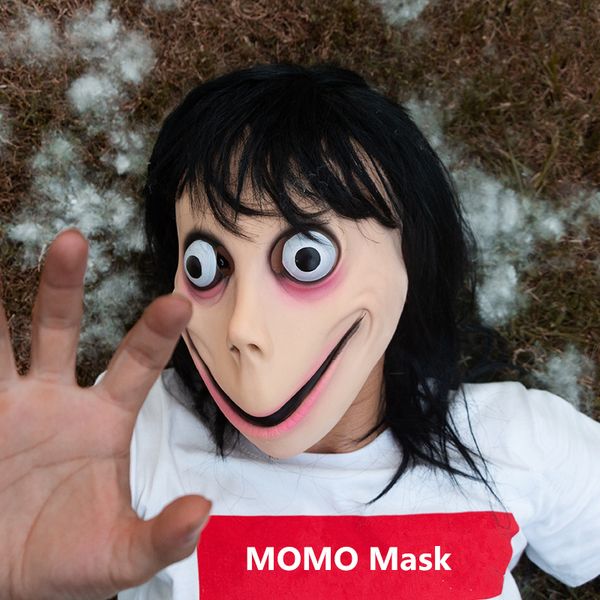 

2019 горячая страшная момо маска взлом игры ужасная латексная маска полная голова момо маска большой глаз с длинными париками