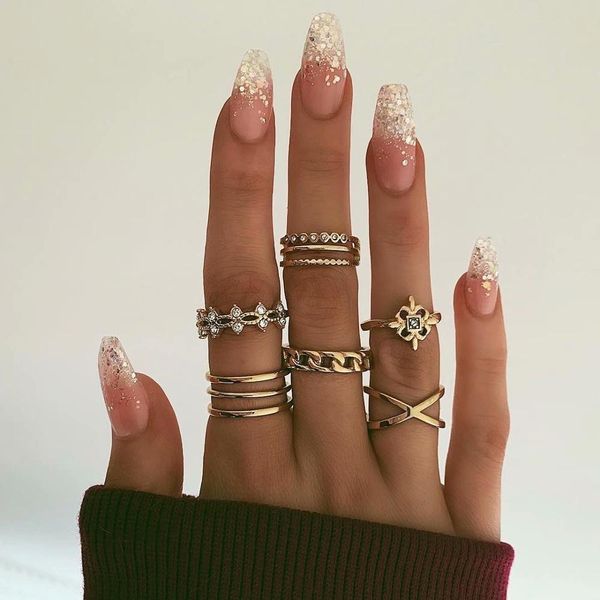 

8 pcs bohemia vintage crystal geometric ring set for lady opal resin elephant flower knuckle finger midi ring jewelry 2019, Golden;silver
