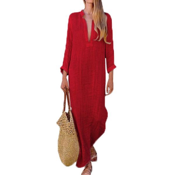 

women boho linen beach maxi dress gypsy dresses robe long sleeve v-neck ethnic summer solid elegant long dress, Black;gray