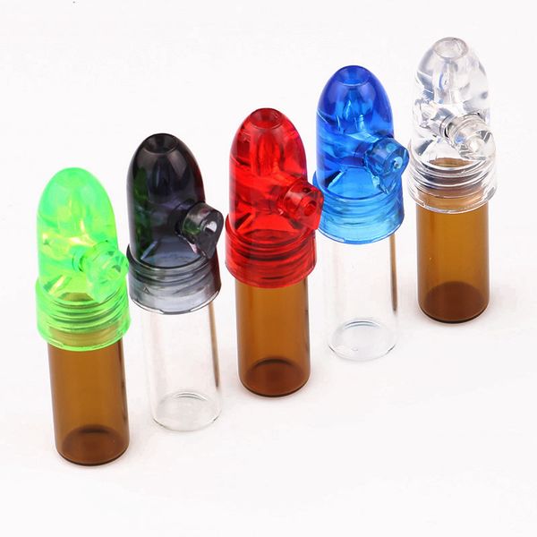 Snuff Snorter Dispenser Bullet Rocket Snorter Caixa de comprimidos de vidro Frasco com fundo transparente para fumar Tampa de acrílico Frasco de vidro Estojo de comprimidos para fumante Snorter de bolso