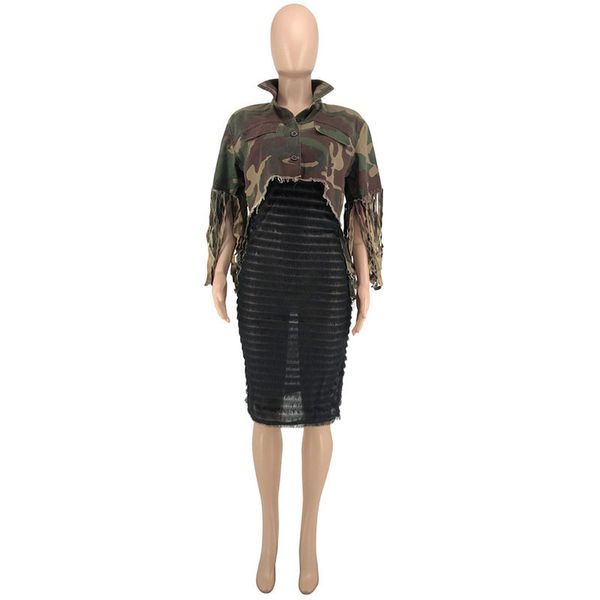 

new trendy womens designer jackets fashion camouflage print womens tassel jackets lapel neck ladies sequins outerwear, Black;brown