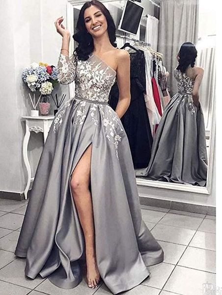 

2020 long prom evening dresses for women, one sleeve floral lace applique front slit a line floor length gowns, White;black
