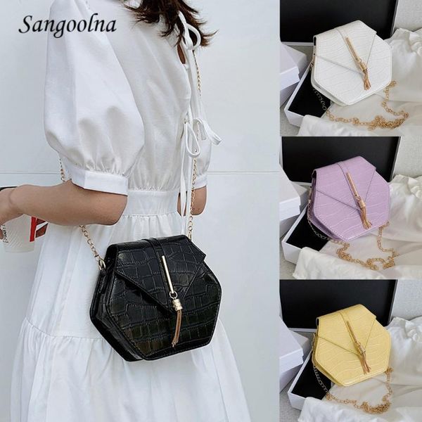 

shoulder bags women stone pattern tassel chain hasp bags solid color pu leather leisure hexagon crossbody bolso mujer#g30