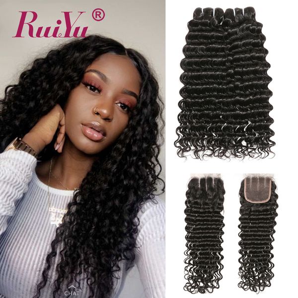 

ruiyu kinky curly deep wave bundles with closure brazilian hair weave 3 bundles with closure unprocessed remy human virgin hair extensions, Black;brown