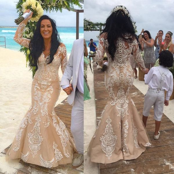 

2019 champagne luxury new beach mermaid wedding dresses custom made lace appliques long sleeves robe de mariage button back bridal gowns, White