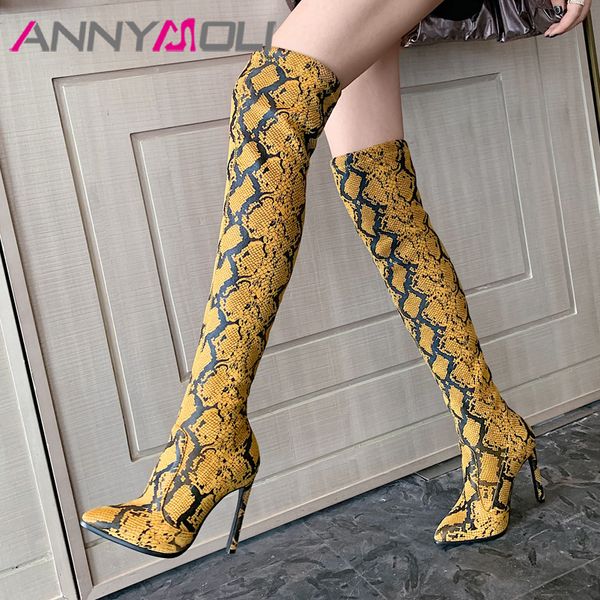 

annymoli winter thigh high boots women snake print thin heel over the knee boots slim extreme high heel shoes ladies autumn, Black