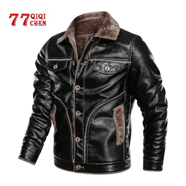 

winter leather jacket men plus size 7xl 8xl thick pu leather fur coat male casual winter faux fur fleece jacket jaqueta de couro, Black